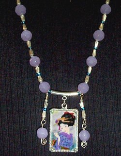necklace, blue, seed beads, translucent beads, blue, lilac, turquoise, sterling silver, pendant, spacer beads, pendant holder, toggle closure