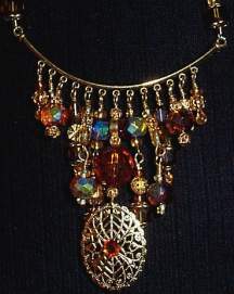 necklace, earrings, filigree beads, crystal, oval pendant, amber, swarovski, goldtone metals, bead caps, chocolate, fire polished, magnetic closure