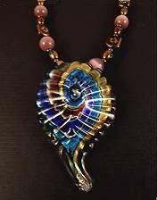 necklace, handmade, custom jewelry, hand painted, earrings, pendant, murano glass nautilus shell, cats eye amethyst glass, bugle beads, goldtone, toggle closure