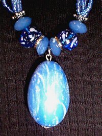 necklace, blue, seed beads, translucent beads, hand painted, oval pendant, bead cap, end cap,silvertone, toggle closure