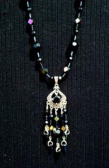 necklace, handmade, custom jewelry, bracelet, earrings, pendant, black, spinel, sterling silver, black jet, magic crystals, seed beads, czech glass, bugle, dagger beads