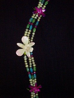 necklace, handmade, custom jewelry, freshwater pearls, cultured pearls, rhinestones, swirl crystals, green resin leaves, magenta beads, orchid, thailand, flowers, hand colorized, polyresin, sterling, choker, strands, silertone toggle