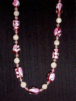 genuine, gemstones, handmade, necklace, rose quartz, hand-painted crystals, dangle pendant, leaf toggle, goldtone closure, cage bead
