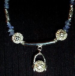 genuine, gemstones, tanzanite, necklace, sterling silver, filigree, pendant, dangle, ball, magnetic closure