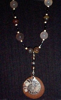 necklace, handmade, custom jewelry, bracelet, earrings, pendant, fossil, rock, tiger iron, agate,   peacock cultured pearls, glass spacer beads, silvertone, magnetic closure