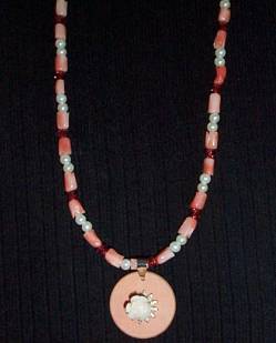 necklace, handmade, custom jewelry, antique, coral, hand carved, beads, peach, swarvoski, crystals, pearls, wooden, pendant