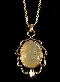 Necklace, earrings, round, 13mm, goldtone, hand carved moonstone cabochon face, 18 inch chain, magnetic closure