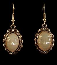 Necklace, earrings, round, 13mm, goldtone, hand carved moonstone cabochon face, 18 inch chain, magnetic closure