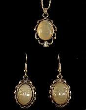 Necklace, earrings, oval, designer jewelry set, 13mm, goldtone, hand carved moonstone cabochon face, 18 inch chain, magnetic closure