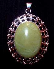 pendant, green jade, lace web pattern, silvertone pendant, 40x30mm oval