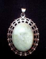 Pendant, light jadeite, lace web pattern, silvertone pendant, 40x30mm oval