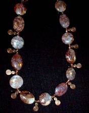 necklace, handmade, custom jewelry, bracelet, earrings, metal beads, coppertone, oval, flat, peitersite, round, toggle closure
