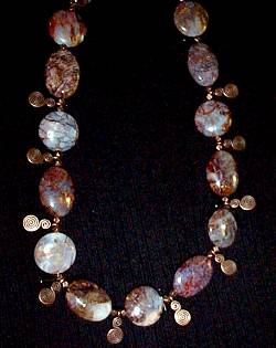 necklace, handmade, custom jewelry, bracelet, earrings, metal beads, coppertone, oval, flat, peitersite, round, toggle closure