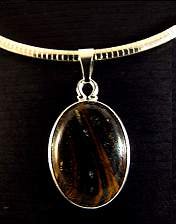 necklace, handmade, custom jewelry, tiger eye, oval, flat, pendant, sterling silver, mount, toggle closure